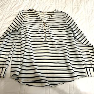 Calvin Klein Womens L Black Cream Striped Blouse Gold Zipper